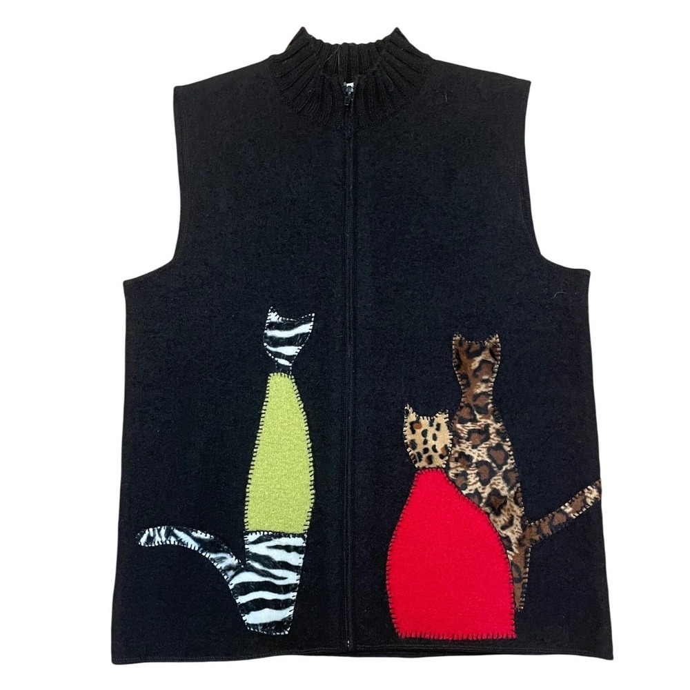 Black Wool Vest Cat Applique Zip Front Mock Neck Coldwater Creek Small